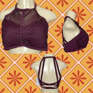 Swimsuits For All 14 Maroon Mesh Lined High Neck Open Dble Strap Back Swim Top